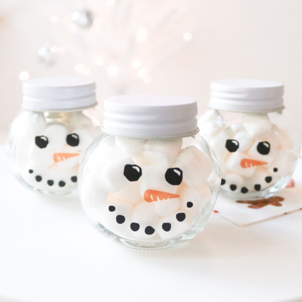 Set of 6 Snowman Face Glass Jars with White Lids